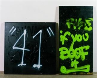 27	2 AMD TOMA Spray Paint on Canvas	AMD (American, 1988). 2 street art style paintings on canvas. If You, artist signed TOMA 16 and initialed AMD and dated 2016 on verso, 36" x 18"; 41, artist initialed and dated 2016 on verso, 26 1/2" x 26 1/2" (overall with frame 27 1/2" x 27 1/2"). From the collection of the Salmagundi Club.
