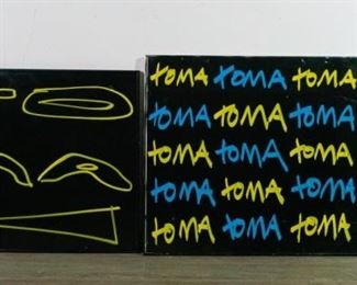 30	2 AMD TOMA Paint Marker Works	AMD (American, 1988). Paint marker on foam board TOMA, artist initialed and dated 16 on verso, 23 1/2" x 35 1/2" (overall with frame 24" x 36"); paint marker and spray paint on glass TOMA, initialed and dated 2016 on verso, 21 1/2" x 27 1/2" (overall with frame 22 1/4" x 28 1/4"). Creases, scratches, paint loss to foam board piece. From the collection of the Salmagundi Club.
