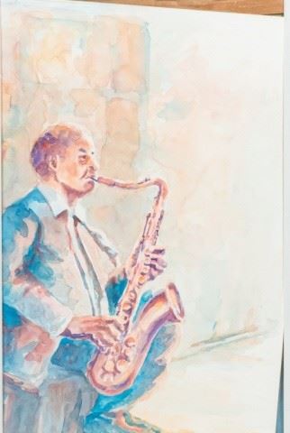 38	Karen P Follam Watercolor on Board	Karen P. Follam (American, 20th Century) watercolor on board, "Sax Player". Sight: 14" H x 9" W. Frame: 20 1/4" H x 14 1/4" W. Board askew in frame. From the collection of the Salmagundi Club.
