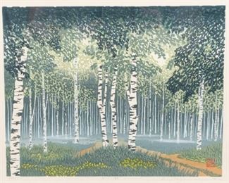 42	Sufu Miyamoto Woodblock Print Morning Mist	Sufu Miyamoto (Japanese, b.1950) woodblock print. Entitled: " Morning Mist" featuring white birch trees. Signed and stamped in the lower right corner. Edition: 91 out of 200. Sight: 10 1/4" H x 12 1/2" W. Frame: 15" H x 17 1/4" W. From the collection of the Salmagundi Club.

