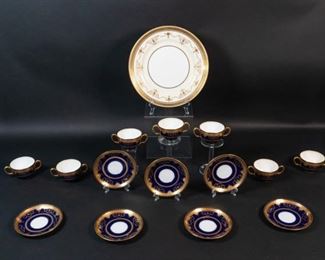 47	7 Mintons for Tiffany & Co. Cobalt Cups & Saucers	Set of 7 Minton English porcelain two-handled cups & saucers, for Tiffany & Co. New York, cobalt with gilt rims and decoration. Together with a Minton for The McDougall & Southwick Co., Seattle service plate, cream with white center and white and gilt rim and gilt decoration. Line in service plate, line in 1 saucer, line in 1 cup. From the collection of the Salmagundi Club.
