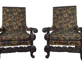 64	Pair of Baroque Carved Needlepoint Armchairs	Pair of Baroque Carved Needlepoint Armchairs; Ornately Carved on Curled Feet. 48" H X 30 " L X 34" W
