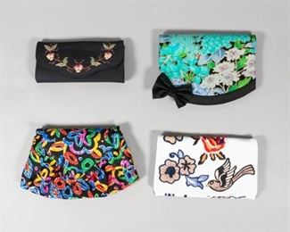 69	Collection of 4 Clutches	A collection of 4 clutches: A Leonardo fabric clutch. An Abro white leather clutch with traditional tattoo motifs. A Lulu Guinness fabric clutch. A Stuart Weitzman fabric clutch. Largest: 8 3/4" L x 5 1/2" W. From the collection of the Salmagundi Club.
