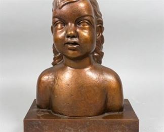 84	Rose Van Vranken Bronze Sculpture	Rose Van Vranken (American, New Jersey, 1918-2013) bronze bust of a young girl. 10" L x 5 1/2" W x 14"H Inscribed and stamped on the back panel. From the collection of the Salmagundi Club.
