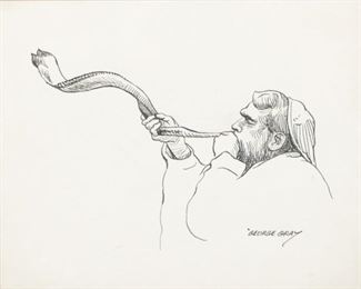 104	George Gray Pen and Ink Shofar	George Gray ( 20th Century) pen and ink titled "Shofar". Sight: 7 1/2" H x 8 1/2" W. Frame: 13" H x 15" W. From the collection of the Salmagundi Club.

