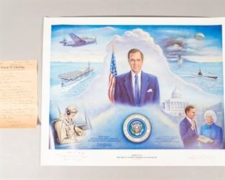 106	Tribute to President George HW Bush Paul D.Ortlip	Paul D.Ortlip (American, 1926-2007) lithograph print titled "Tribute to President George Herbert Walker Bush." Signed in the plate and inscribed in pen on the left hand side. Artist Proof of prints to be sold in the Bush Presidential Library in Texas, 1997. Unframed. Small tear left margin. 28" L x 25 1/4". From the collection of the Salmagundi Club.

