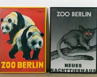 108	2 Berlin Zoo Posters	2 1980s poster prints Berlin Zoo. Pandas print, signed illegibly in the plate upper right and Neues Nachttierhaus (New Nocturnal Animal House) lithograph. Each 22 3/4" x 16 (overall with frames 23 3/4" x 17"). Glass cracked on 1. From the collection of the Salmagundi Club.

