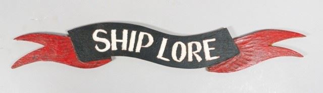 109	Ship Lore Carved Wooden Sign, Kipp Soldwedel	A carved and painted wooden banner sign. For Kipp Soldwedel's New York City art gallery "Ship Lore". 26 1/4" L x 4" W. Wood glue residue on verso. From the collection of the Salmagundi Club.
