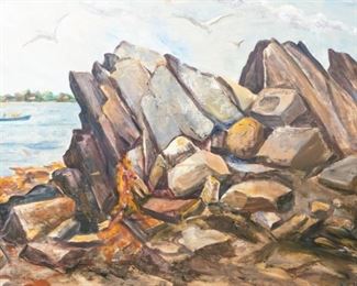 208	Malvina Hoffman Oil on Canvas	Malvina Cornell Hoffman (New York 1885 -1966) Oil on canvas of a rocky coastline. Lower right "Aug 1954". On verso stamp "Malvina Hoffman Estate". Written on stretcher "Kittery 1954 day before hurricane Carol by MH". Provenance: A New Jersey Collector, Berry Hill Gallery. Canvas 24 1/4 x 32 1/2. With frame 29 1/2 x 37 1/2.
