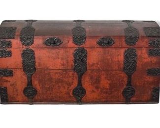 241	18th Century German Marriage Trunk	Painted dome top trunk. Decorative wrought iron strapping. Hinges unscrewed at back. Lacks key. Inside coated with German newspapers. 62 1/4"L x 28 1/4"W x 31 1/4"H
