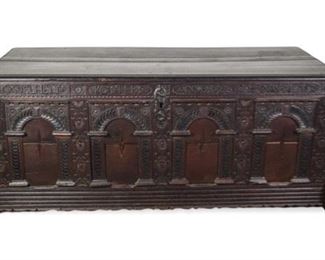 240	18th Century Carved German Blanket Chest	18th Century carved German blanket chest. Jacobean or Gothic Style. Carved on front " Adelheit Kosters Anno 1723 D 7th September". 73"L x 31"W x 30"H.
