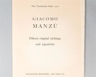 252	Giacomo Manzu Portfolio The Touchstone Suite 1970	Giacomo Manzu (Italian, 1908-1991). Portfolio of 15 etchings and aquatints, The Touchstone Suite 1970. Each signed in pencil in the lower margin and numbered 116/125. With cover and index pages. Each image approximately 14" x 10 3/4", each sheet 25" x 19 1/2". Some waviness to paper, light discoloration on edges.
