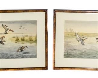 265	Pair of Boris Riab Waterfowl Watercolors	Boris Riab (Russian, 1898-1975). A pair of two untitled watercolors depicting ducks flying over a marshy river bank. Both works measure 9" x 12".
