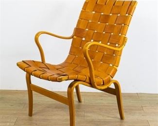 285	Bruno Mathsson Eva Chair Danish Modern	Bruno Mathsson (Sweden 1907-1988) Mid-Century Modern Eva armchair. Laminated steam-bent beech and canvas. 33" x 23 1/4" " x 27 1/2". "Roman and Williams Buildings & Interiors Things We Made" Pages. 180
