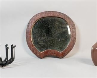 304	Grouping of Modern Decorative Items	3 modern decorative items. Nymolle Denmark art pottery vase, 6"H; Dansk Designs coated zinc 12 arm candle holder, 4 3/4" H x 7"-diameter; modern wooden crescent shaped mirror with beveled glass, 14" x 12 1/4"H. Mirror frame cracked on 1 side.
