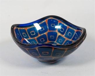 302	Sven Palmquist for Orrefors Ravenna Art Glass Bowl	Sven Palmquist (Swedish, 1906- 1984) Ravenna art glass bowl. Cobalt glass shaped bowl with orange ovoid pattern throughout. Marked on bottom: "Orrefors. Ravenna Nr. 2842" Signed "Sven Palmquist''. 6" L x 6" W x 3" H. Circa 1966
