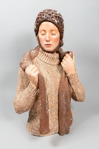 331	Carole Feuerman Hyperrealism Sculpture	Carole Feuerman (New York 1945-) Sculpture of woman in a sweater and scarf. Resin, lacquer, epoxy, oil paint and more. Appears unsigned. Small separation of left eyelash. 29" x 20" x 18"
