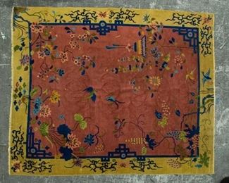 340	Room Size Chinese Rug	Room size Chinese rug with floral motifs and flying birds. Wear is consistent with age. 9'6 1/2" x 8'
