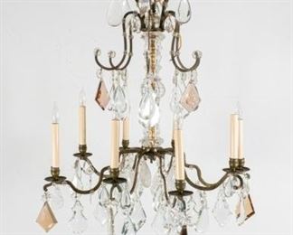 373	Louis XV Style Rock Crystal Chandelier	Louis XV style chandelier with rock crystal lusters. 8 lights. With extra prisms. 31 1/2"H x 24"-diameter.
