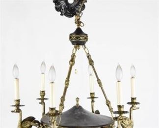 375	Brass and Black Chandelier with Swan Arms	Brass and Black Chandelier with Swan Arms, 6 Arms Height of Chandelier: 25" Overall Diameter: 25"
