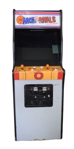 387	Arch Rivals Upright Basketball Arcade Game	25"W x 33 1/2"D x 67 1/2"H. Area around controls appears to be restored, wear and scratches. Manufactured by Bally Midway, circa 1989-90.
