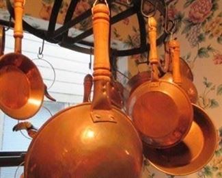 Copper pans and ceiling mount hanging unit. - small skillet on right has been sold!