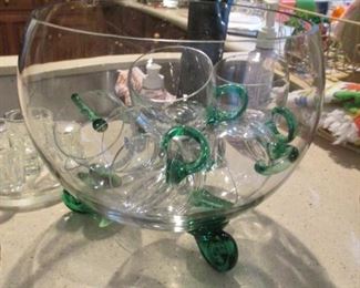 Punch bowl with 6 cups.  Small chips along rim of punch bowl. 