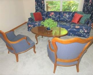 Blue Floral Sofa/Pair of Blue Wood Trim Arm Chairs