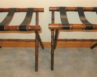 Pair Vintage Hotel Faux Bamboo Wood Folding Luggage Rack Suitcase Stand With Leather Straps