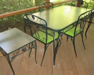 Vintage Metal Glass Top Patio Table & 4 Chair Set with Matching End Table Set