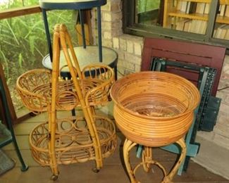 Rattan Two Tier Rolling Basket/Pedestal Planter