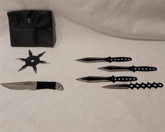 4 Ridge Runner Throwing Knives, 1 Skyhawk Knife +
1 Kohga Ninja 6 pt. Star and Case, as pictured