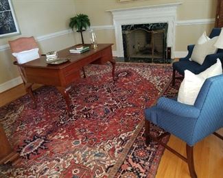 antique desk, large Heriz area rug (162" x 115")