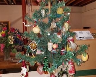 antique tabletop feather Christmas tree with vintage ornaments