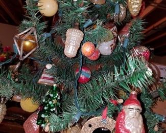 antique tabletop feather Christmas tree with vintage ornaments