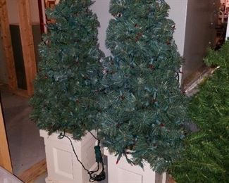 pair, pre-lit Christmas trees in wooden boxes, about 40" tall
