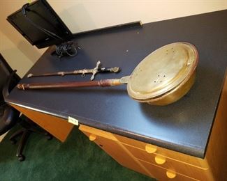 desk (top is in next picture) and antique bed warmer