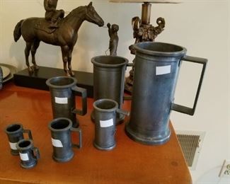 antique pewter plates, mugs...