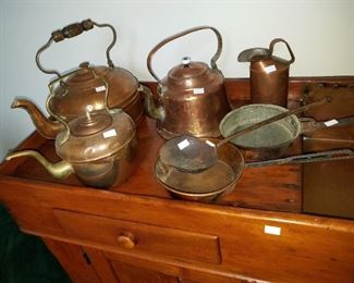 antique copper tea kettles and frying pans