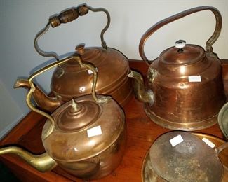 antique copper tea kettles and frying pans