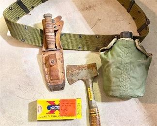 Camo Belt with Knife & Canteen. "Estwing" Hatchet.