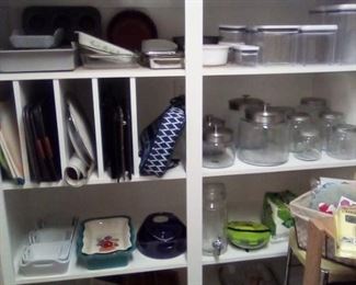 Pantry Items -- canisters (many glass), dishes, bakeware