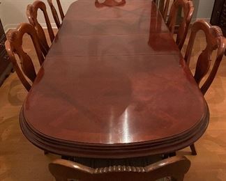 Just in Time for Thanksgiving and Christmas .... Stunning Two Pedestal Dining Room Table with Two Leaf's and Eight Chairs Two of Which are Captain's Chairs