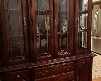 Mahogany China Cabinet with Flatware Drawer, Linen Storage Beautiful Carved Features