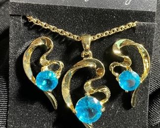 Assorted Costume Jewelry CZ some 925 Sterling, 14K Gold Plated Aquamarine Like Pendant & Pierced Earrings