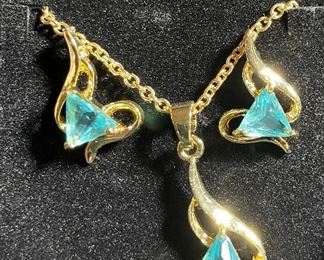 Assorted Costume Jewelry CZ some 925 Sterling, 14K Gold Plated Aquamarine Like Pendant & Pierced Earrings