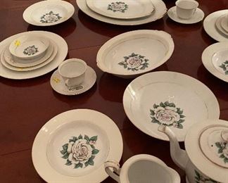 Just in Time for Thanksgiving and Christmas .... Stunning Two Pedestal Dining Room Table with Two Leaf's and Eight Chairs Two of Which are Captain's Chairs, Narumi China Japan White Rose