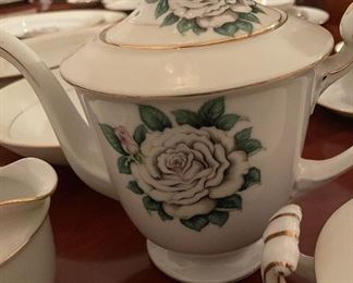 Just in Time for Thanksgiving and Christmas .... Stunning Two Pedestal Dining Room Table with Two Leaf's and Eight Chairs Two of Which are Captain's Chairs, Narumi China Japan White Rose