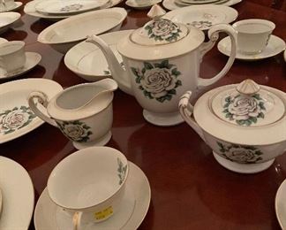 Just in Time for Thanksgiving and Christmas .... Stunning Two Pedestal Dining Room Table with Two Leaf's and Eight Chairs Two of Which are Captain's Chairs, Narumi China Japan White Rose