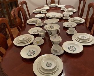 Just in Time for Thanksgiving and Christmas .... Stunning Two Pedestal Dining Room Table with Two Leaf's and Eight Chairs Two of Which are Captain's Chairs, Narumi China Japan White Rose